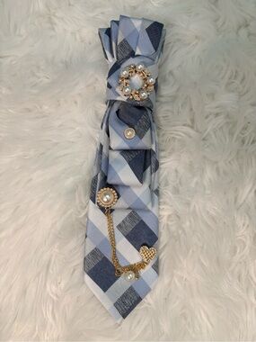 Light Blue & Navy Plaid Embellished Necktie Necklace